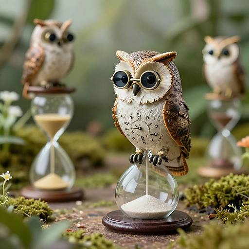 Photograph of three detailed, owl figurines with glasses, perched on glass hourglasses, surrounded by moss and greenery.