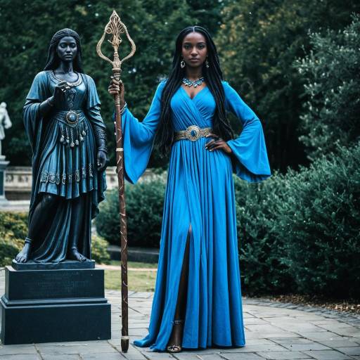 Dark-skinned woman in blue dress with magical staff