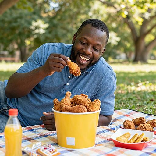 Photograph of a smiling Black man in a blue polo, eating fried chicken from a yellow bucket on a picnic blanket outdoors.