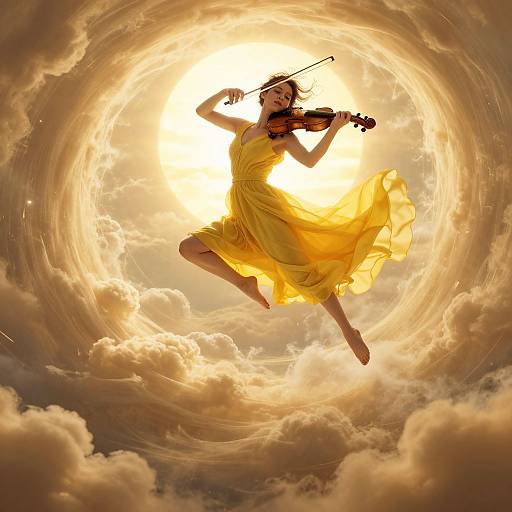 Photograph-like digital artwork of a woman in a flowing yellow dress, playing violin, suspended in a radiant, sunlit, cloudy vortex.