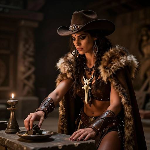 Photorealistic digital art of a dark-haired woman in fur cape, cowboy hat, black leather armor, and accessories, lighting a candle.