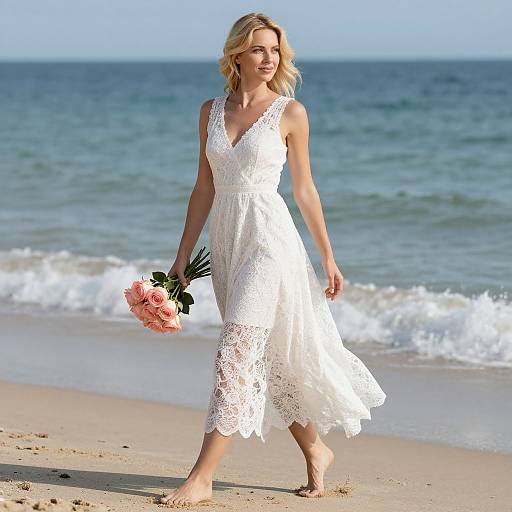Blonde woman in white lace dress walks barefoot on beach holding pink roses, ocean waves in background, sunny day.