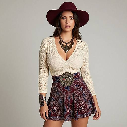 Photograph of a woman with medium skin tone, dark brown hair, wearing a deep V-neck white lace top, maroon wide-brim hat,