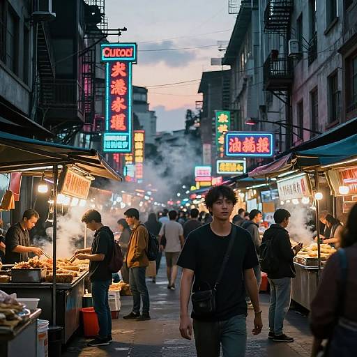 Photograph of a bustling, neon-lit Asian night market with steamy food stalls, crowded pedestrians, and colorful signs in a narrow alley.