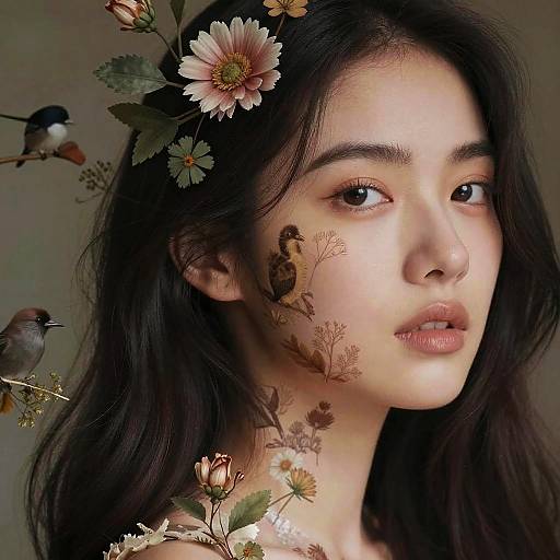 Digital portrait of a fair-skinned woman with dark hair, adorned with flower and bird illustrations on her face, surrounded by real and drawn flowers and birds