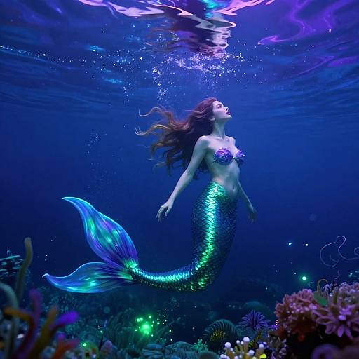 Photograph of a glowing blue-green mermaid with flowing brown hair, pearl shell top, and shimmering tail, swimming gracefully underwater surrounded by colorful coral
