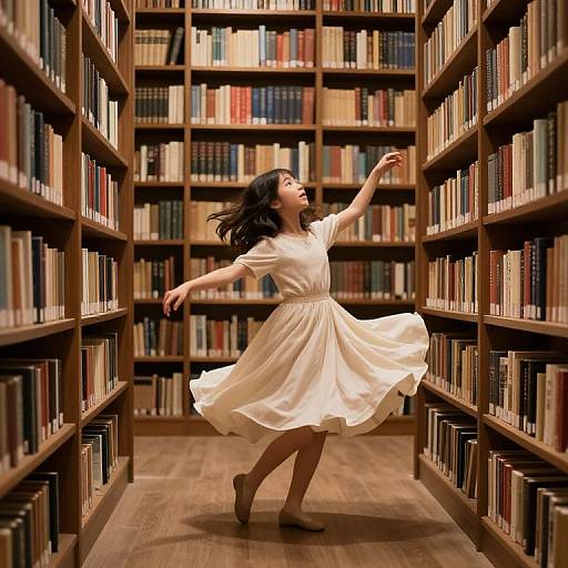 Photograph of an Asian woman with black hair in a flowing white dress dancing between wooden bookshelves filled with colorful books.