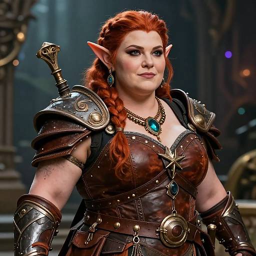 Digital fantasy artwork of a confident, red-haired elf woman with pointed ears, wearing dark brown leather armor adorned with gold and turquoise gemstones, in a