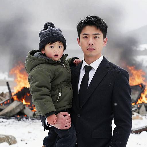 Seriousman and Boy in Snowy Ruins