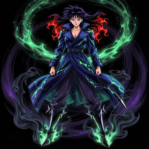 Digital anime artwork of a dark-haired, green-eyed warrior with glowing green and red energy, black trench coat, and boots, against a black background.