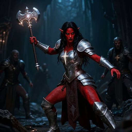 Digital fantasy artwork of a fierce red-skinned elf warrior with long black hair, holding a glowing double-headed axe, armored in silver, kneeling in a