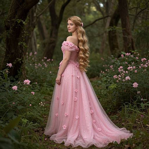 Photograph of a blonde woman with long wavy hair in a pink, off-shoulder, floral-embellished ball gown, standing in