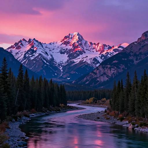 Photograph of snow-capped mountains with pink and purple sunset glow, reflecting on a winding river, surrounded by dense evergreen forest.