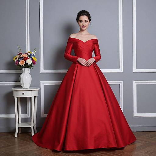 Photograph of a woman in a vibrant red off-the-shoulder ball gown, standing in front of a gray paneled wall, with a white