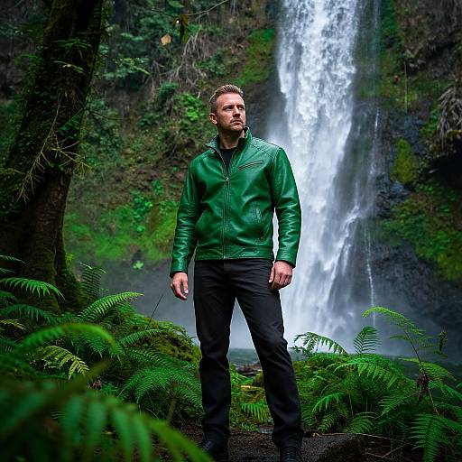 Stylish Man in Lush Forest Waterfall
