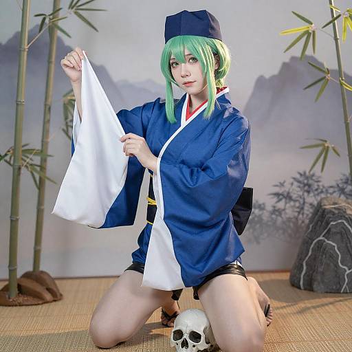 Young Woman Cosplaying in Traditional Japanese Attire