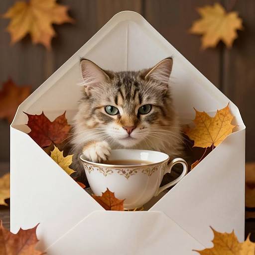 Adorable tabby kitten with green eyes inside a white cup nestled in an envelope, surrounded by autumn leaves, photograph.