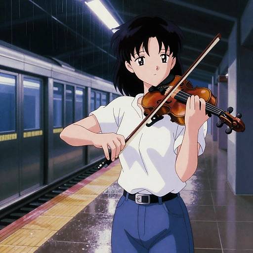 Midnight Violinist on Rainy Platform
