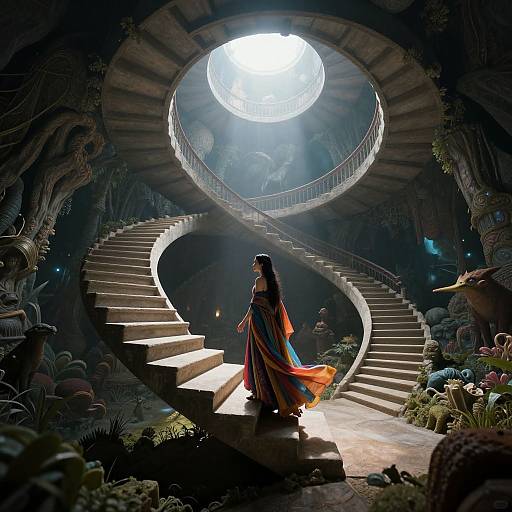 Photorealistic digital art: Elegant woman in colorful flowing dress stands on spiral staircase, illuminated by bright moonlight in mystical, cavernous garden.