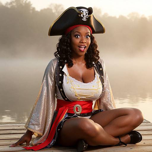 Photograph of a dark-skinned woman with curly hair, wearing a pirate hat, shimmering silver robe, red sash, white blouse, and