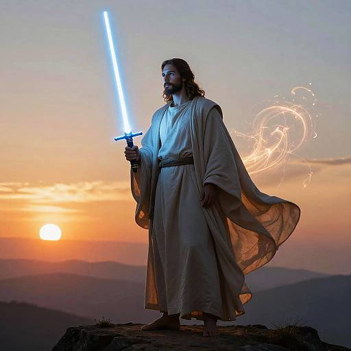 Photograph of a bearded, long-haired man in a flowing white robe, holding a glowing blue lightsaber, standing at sunset on a mountain,