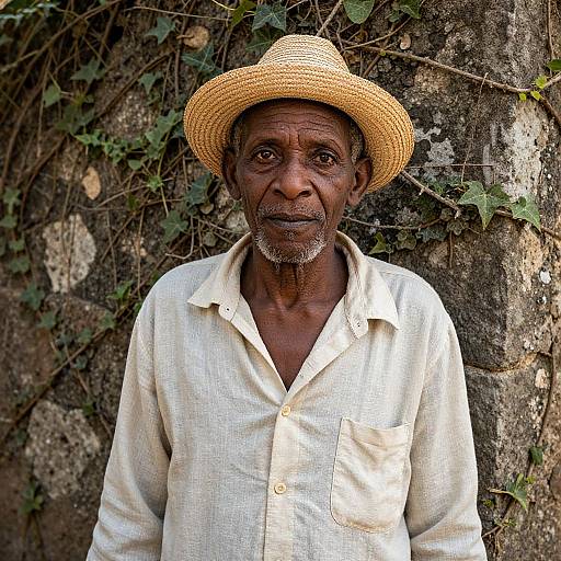 Photograph of an elderly Indian man with dark skin, wearing a straw hat and white button-up shirt, standing against a textured stone wall with ivy