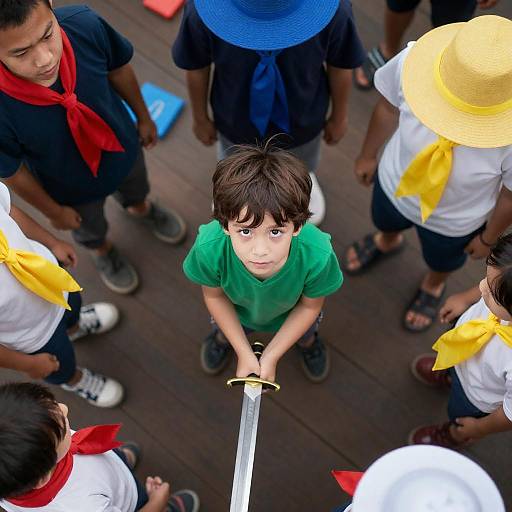 Child Holding Sword Surrounded by Group