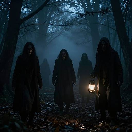 Photograph of four shadowy figures in dark robes walking through a misty, blue-lit forest, with one holding a glowing lantern.