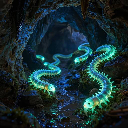 Bioluminescent Worms in Magical Cave