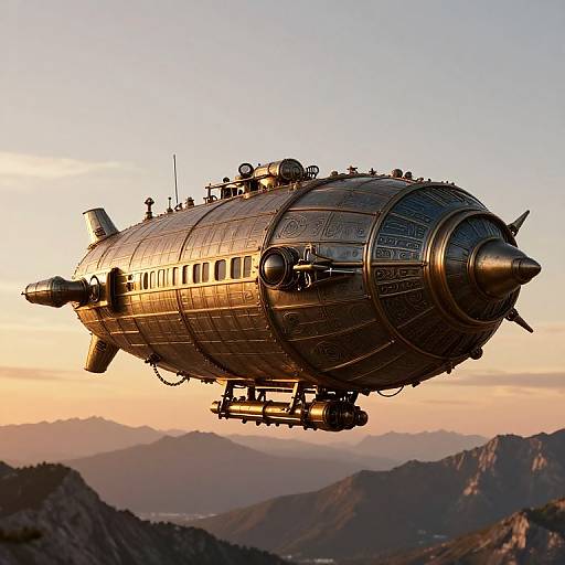 Photograph of a steampunk airship with metallic, cylindrical design, intricate patterns, and propellers, flying over a mountainous landscape at sunset