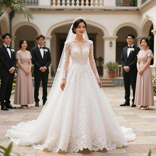 Bride in Elegant Wedding Dress with Wedding Party