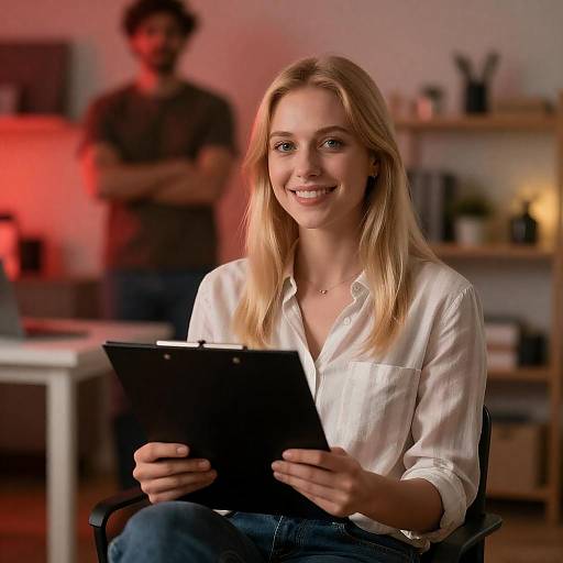 Smiling Blonde in Dimly Lit Room