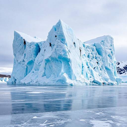 Photograph of towering, jagged blue icebergs floating on a glassy, partially frozen sea under a cloudy, white sky.