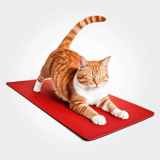 Ginger Tabby Cat Stretching on Red Yoga Mat