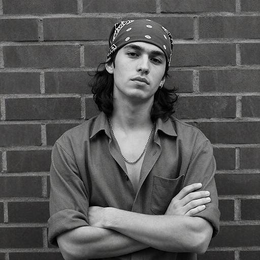 Young Man with Bandana Against Brick Wall