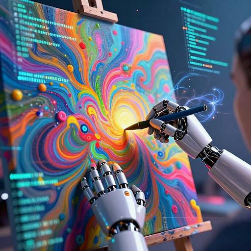 Photograph of robotic hands with glowing blue wires painting vibrant, swirling digital artwork on an easel with code displays in the background.