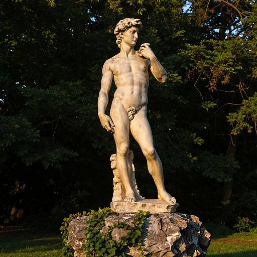 Photograph of a classical nude marble statue of a muscular, curly-haired male figure with a leafy loincloth, standing on a rock base in