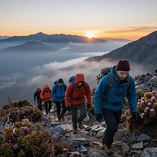 Photograph of five hikers in red and blue jackets, hiking down a misty mountain trail at sunrise, surrounded by rocky terrain and purple heather