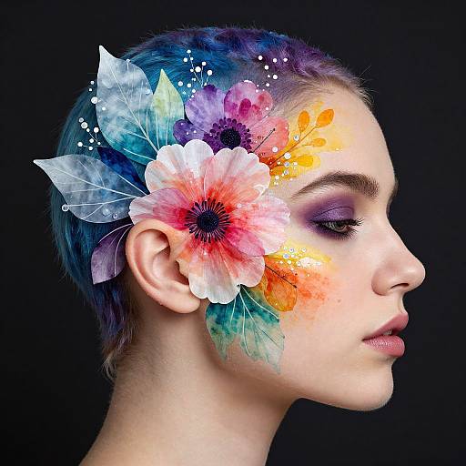 Photograph of a fair-skinned woman with short blue hair, adorned with vibrant, multi-colored flowers and splashes on her forehead and ear, against