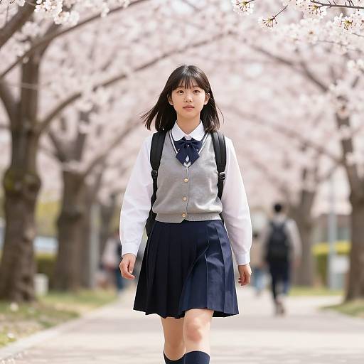 Photograph of a Japanese schoolgirl in a white shirt, gray vest, navy skirt, and black backpack, walking on a sunlit cherry blossom path