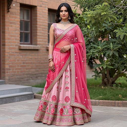 Elegant Woman in Embroidered Lehenga Saree