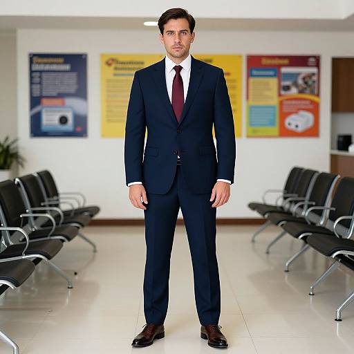 Photograph of a handsome, dark-haired man in a black suit, white shirt, and maroon tie standing in a bright, modern waiting room with