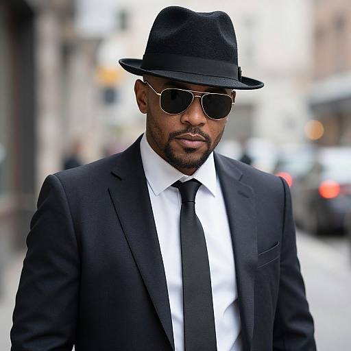 Photograph of a suave Black man in a black suit, white shirt, black tie, black fedora, and sunglasses walking on a city street