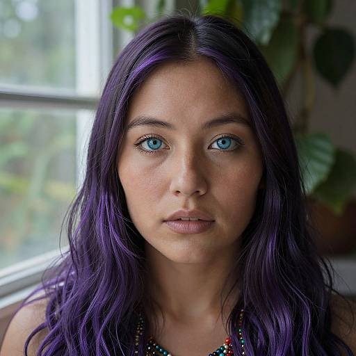 Photograph of a young woman with striking blue eyes and long, wavy purple hair, wearing a beaded necklace, standing in front of a sun