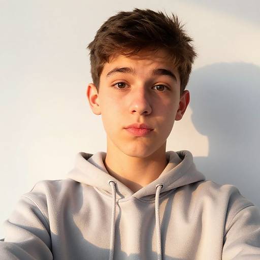 Photograph of a young boy with short brown hair, fair skin, wearing a light gray hooded sweatshirt, standing against a bright white background.