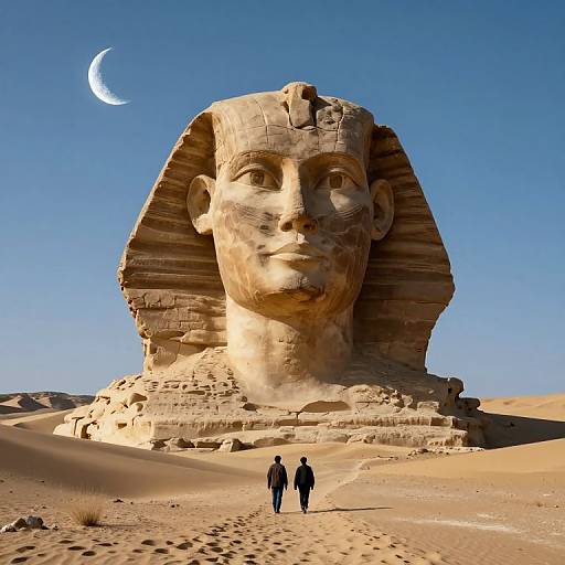 Photograph of a massive, weathered stone bust of an ancient Egyptian pharaoh under a clear blue sky with a crescent moon, two small figures