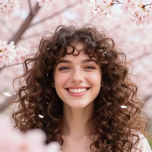 Photograph of a smiling young woman with curly dark brown hair, light skin, and pink cherry blossom background, capturing a joyful, springtime moment.