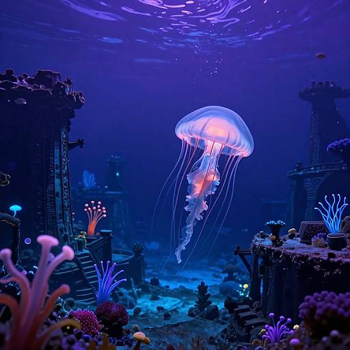 Photograph of a glowing blue jellyfish floating amidst an underwater ruin adorned with vibrant coral and illuminated by purple and blue lights.