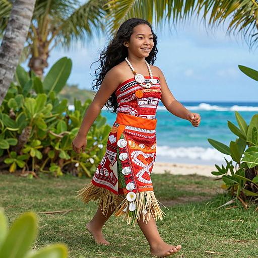 Photograph of a smiling young girl with long black hair in a colorful, red and white, Hawaiian-style dress with grass fringes, walking on grass