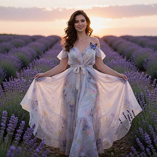 Photograph of a smiling woman with wavy brown hair, wearing a floral off-shoulder dress, standing in a lavender field at sunset, holding